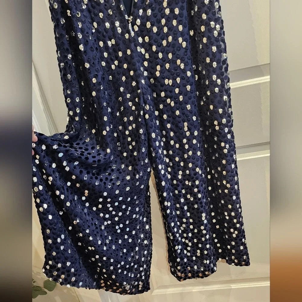 KATE SPADE NY‎ Women's 4 Navy/Silver Scatter Dot Silk Velvet Burnout Jumpsuit